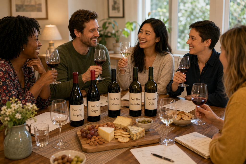 People drinking wine around a table