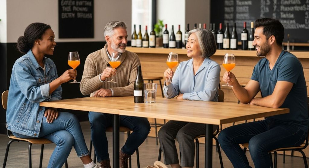 Four people tasting orange wine at table