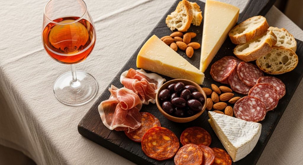 orange wine and charcuterie board